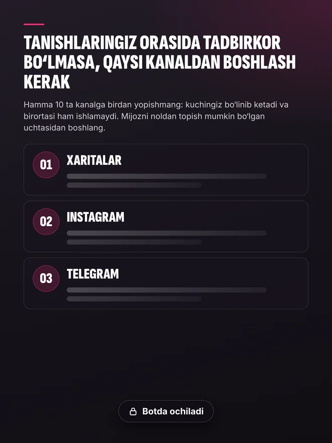 «Tanishlaringiz orasida tadbirkor bo‘lmasa, qaysi kanaldan boshlash kerak» sahifasi — botda ochiladi
